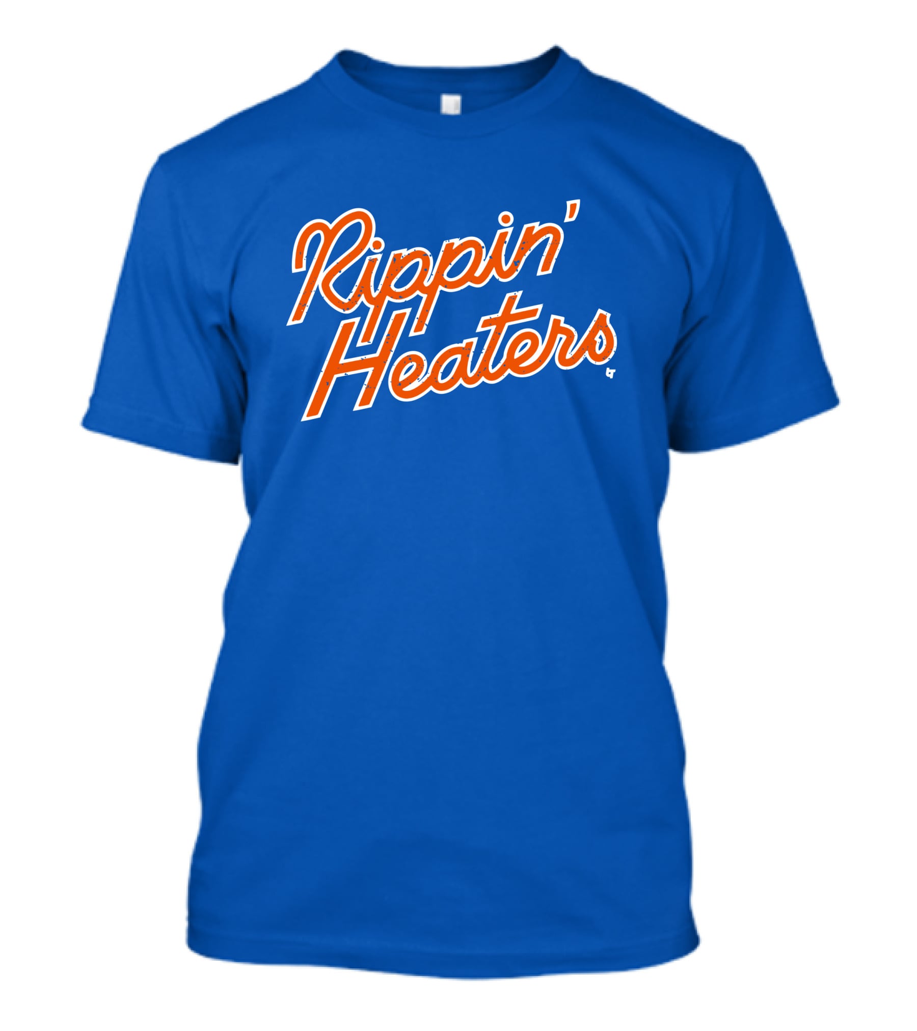 Rippin' Heaters Bold Script White And Orange Retro Style On Blue T-Shirt