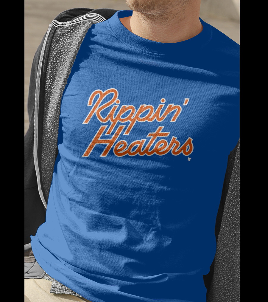 Rippin' Heaters Bold Script White And Orange Retro Style On Blue T-Shirt