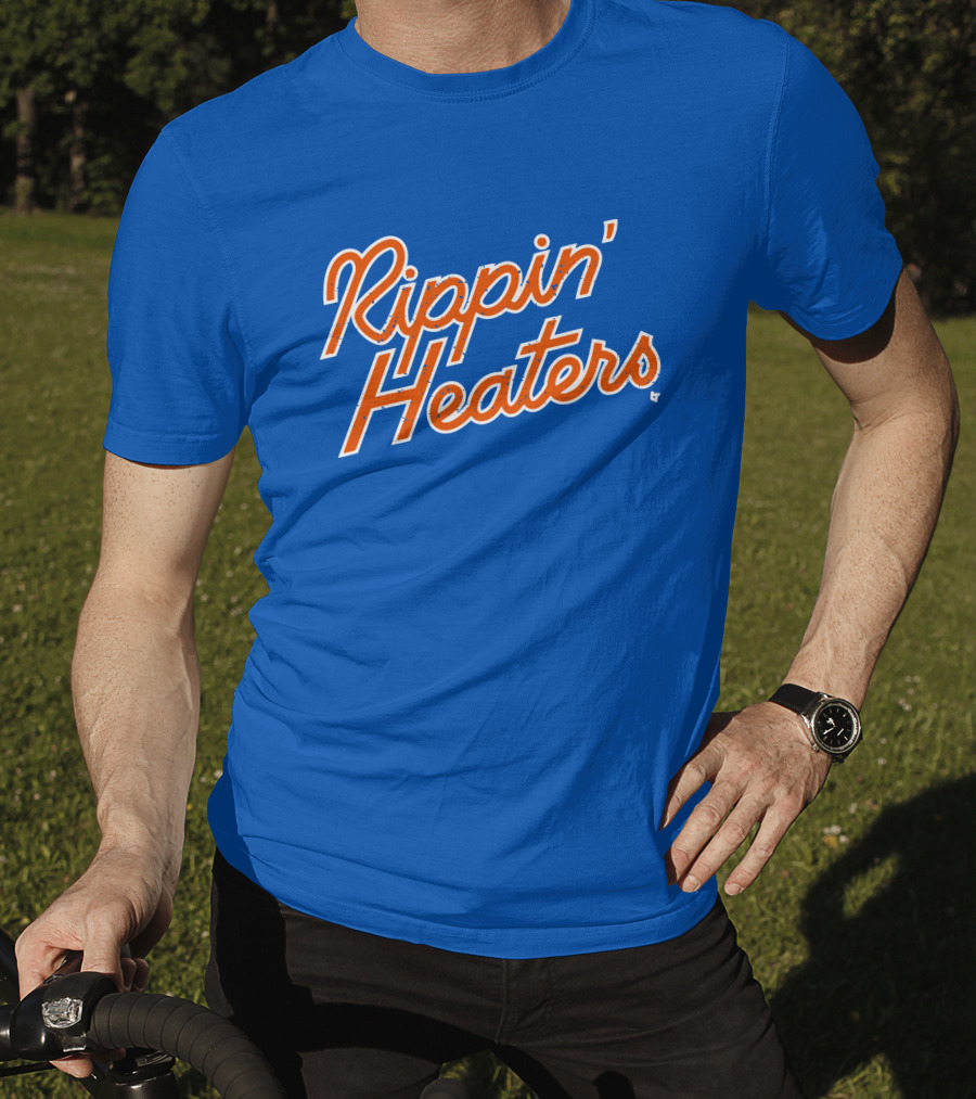 Rippin' Heaters Bold Script White And Orange Retro Style On Blue T-Shirt