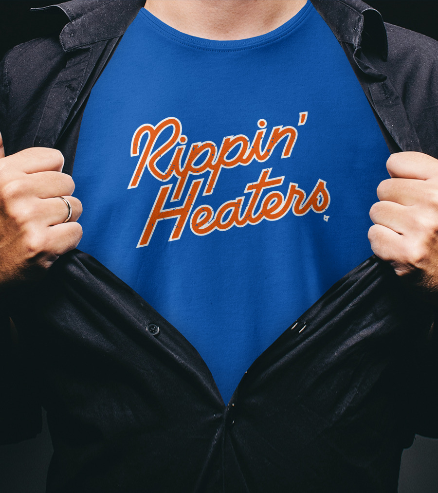 Rippin' Heaters Bold Script White And Orange Retro Style On Blue T-Shirt
