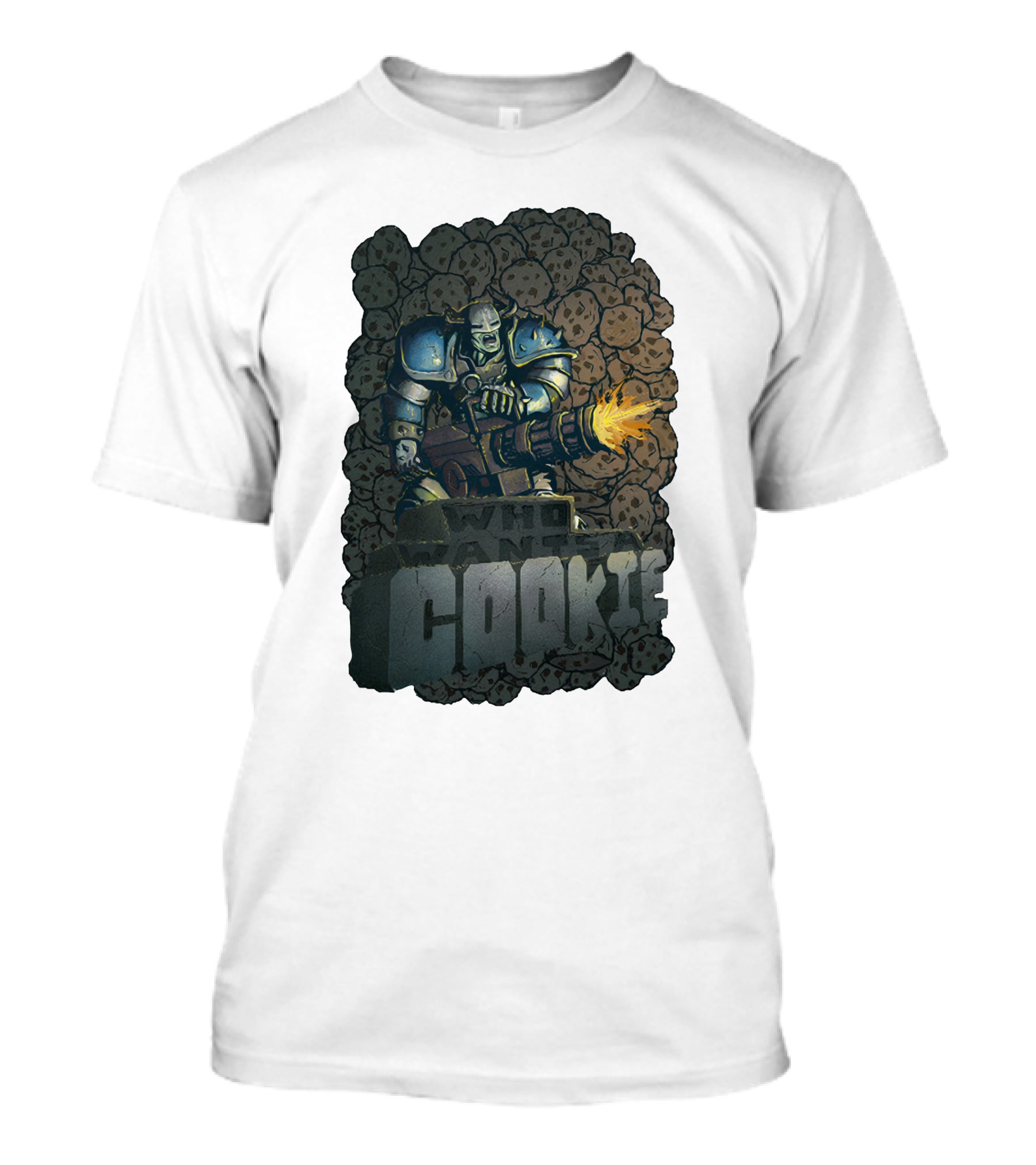 Oxhorn Who Wants A Cookie With Armored Figure And Gun Surrounded By Cookies T-Shirt