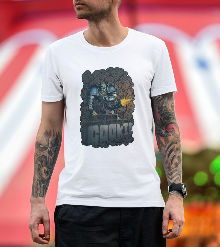 Oxhorn Who Wants a Cookie with Armored Figure and Gun Surrounded by Cookies T-Shirt