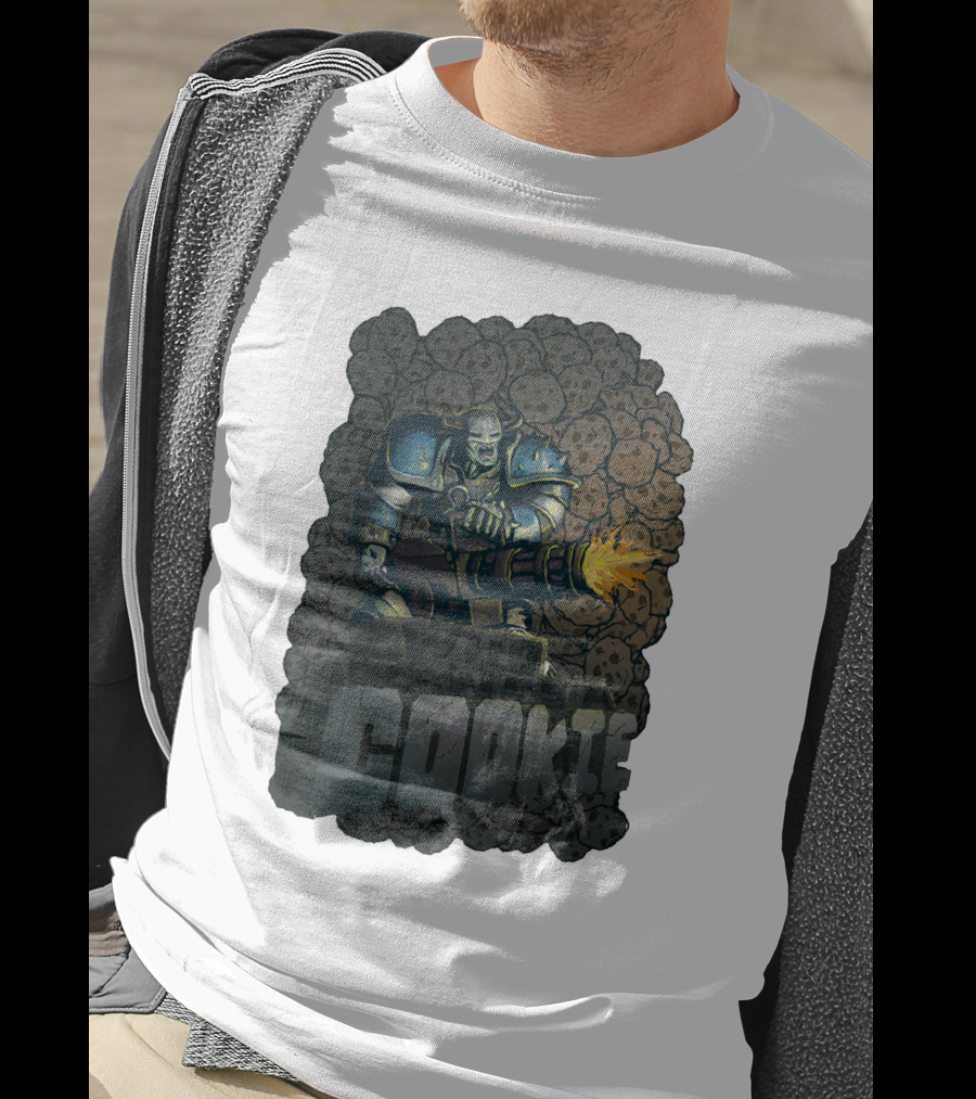 Oxhorn Who Wants A Cookie With Armored Figure And Gun Surrounded By Cookies T-Shirt