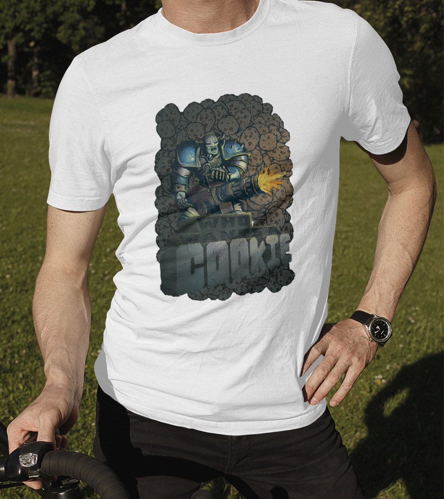Oxhorn Who Wants A Cookie With Armored Figure And Gun Surrounded By Cookies T-Shirt