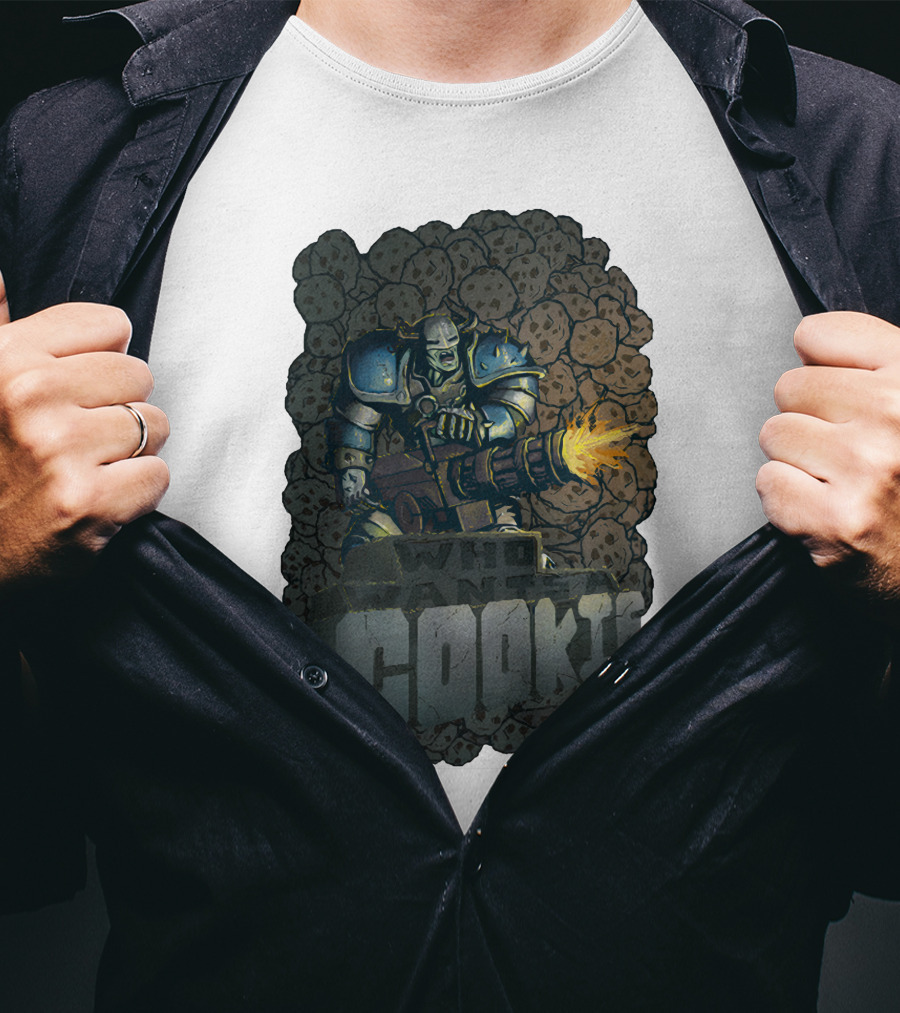 Oxhorn Who Wants A Cookie With Armored Figure And Gun Surrounded By Cookies T-Shirt