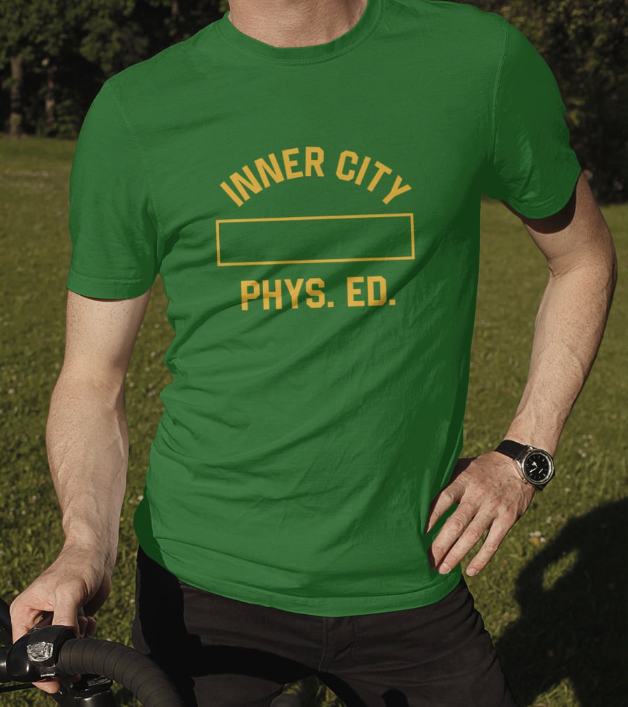 Inner City Phys Ed Green Yellow Block Letters T-Shirt