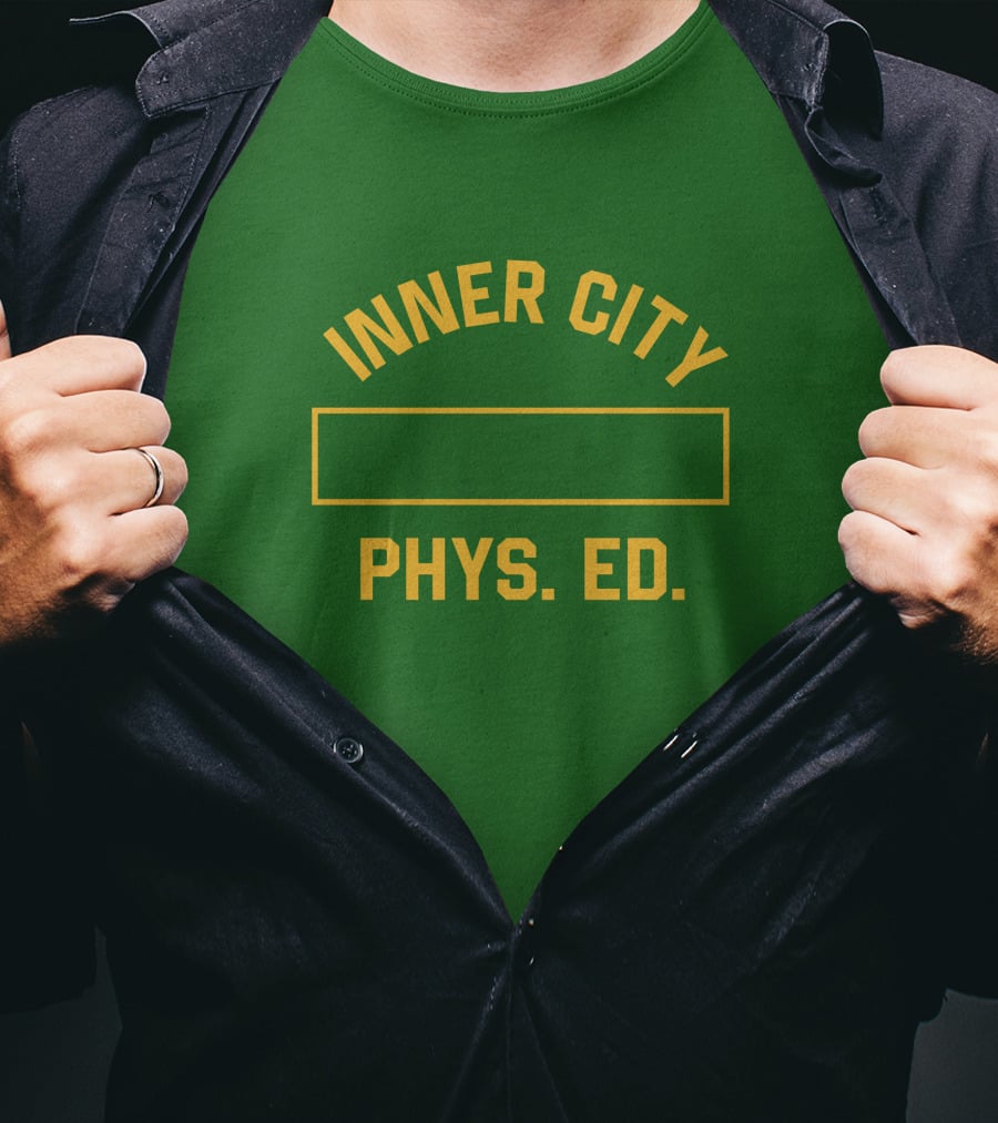 Inner City Phys Ed Green Yellow Block Letters T-Shirt