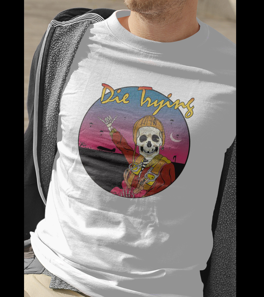 Die Trying Skeleton Paratrooper Skydiving Scene T-Shirt