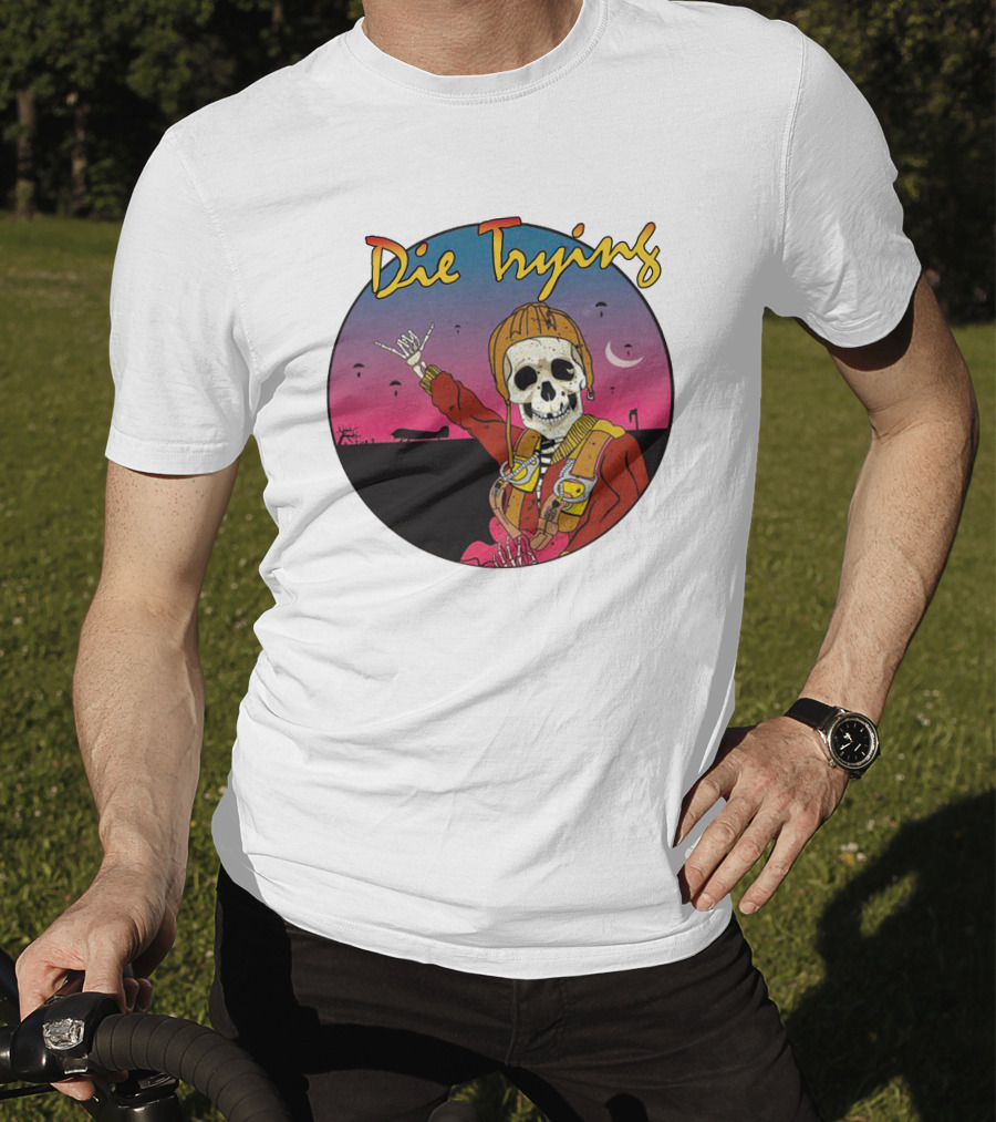 Die Trying Skeleton Paratrooper Skydiving Scene T-Shirt