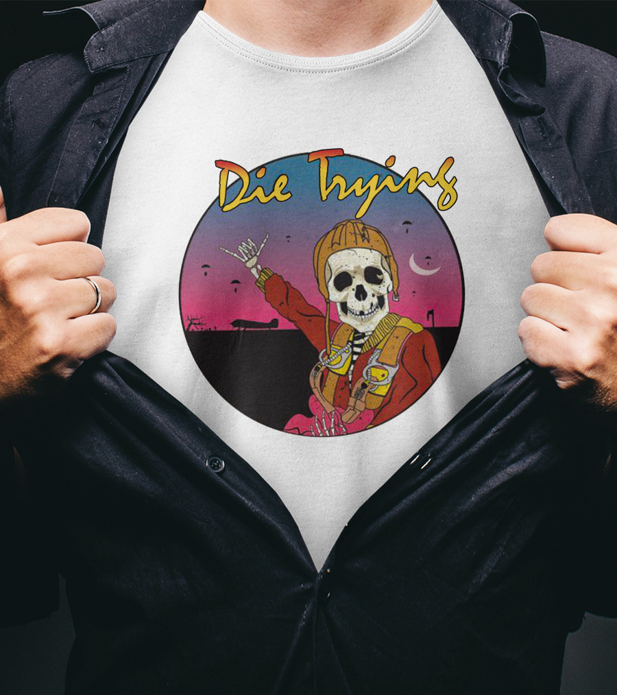 Die Trying Skeleton Paratrooper Skydiving Scene T-Shirt
