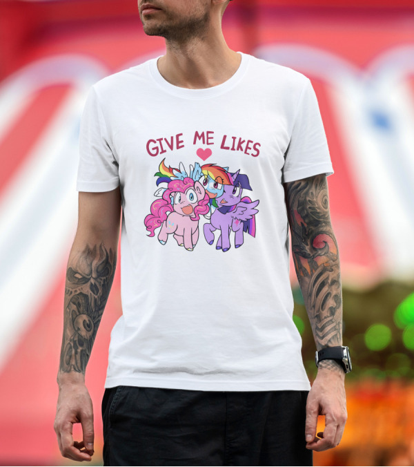 Premium T-Shirt: Give Me Likes Heart with Colorful Cartoon Ponies T-Shirt Give Me Likes Heart with Colorful Cartoon Ponies T-Shirt