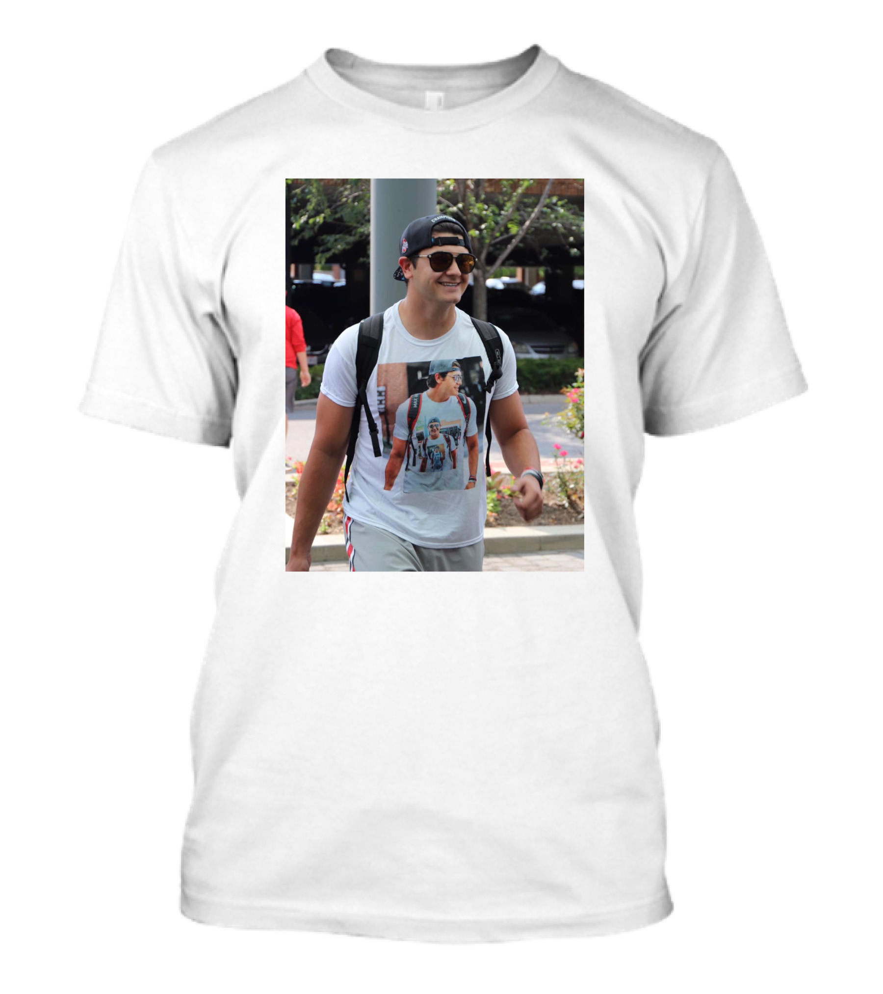 Liam Mccullough Arrives At Ohio State Camp Wearing Photo Print Shirt With Repeating Image T-Shirt