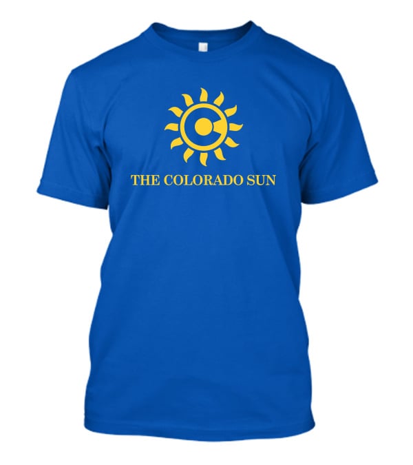 The Colorado Sun Merch Colorado Sun Logo Yellow Sunburst Blue Background T-Shirt