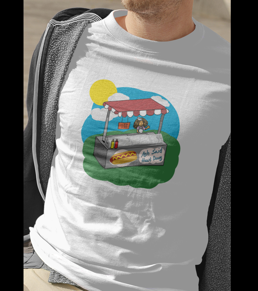Ash Said Hawt Dawg Stand With Hot Dog And Condiments Under Red Canopy In Cartoon T-Shirt