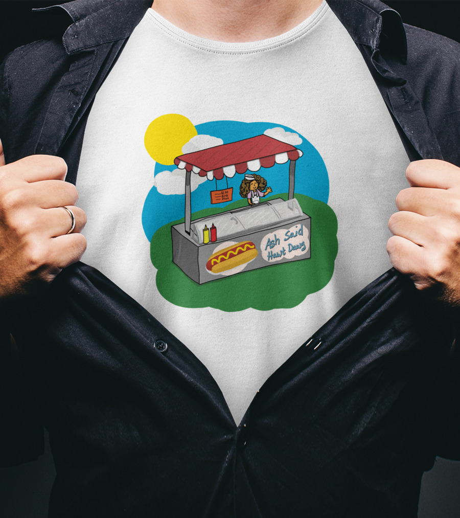 Ash Said Hawt Dawg Stand With Hot Dog And Condiments Under Red Canopy In Cartoon T-Shirt