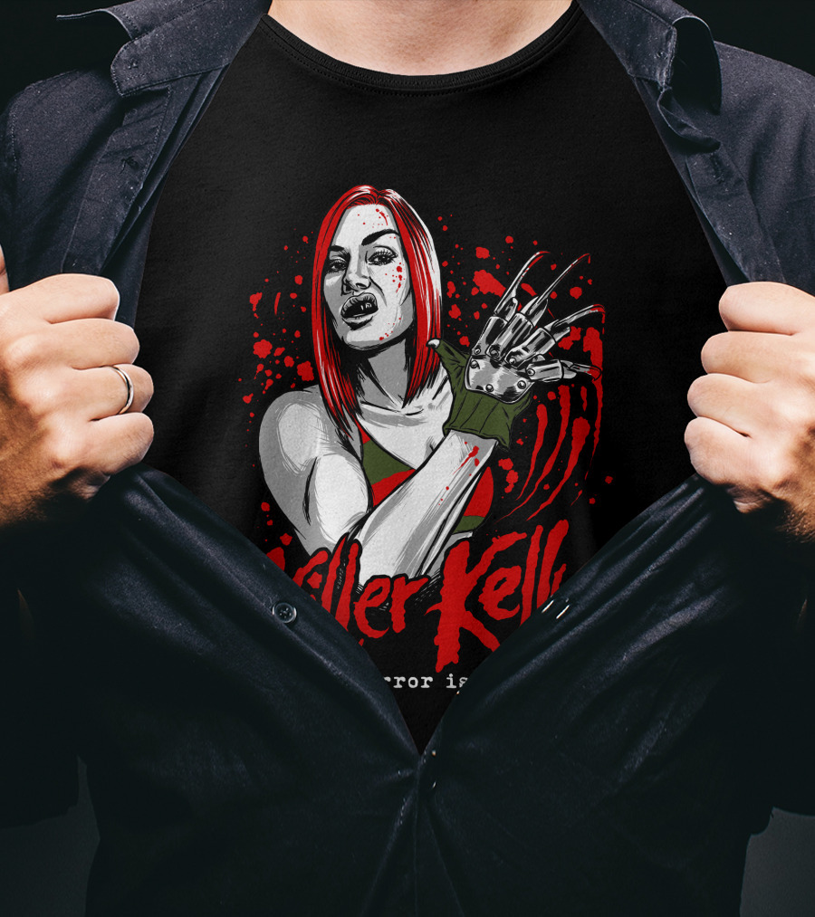 Killer Kelly The Terror Is Back Freddy Krueger Inspired Character Blood Splatter T-Shirt
