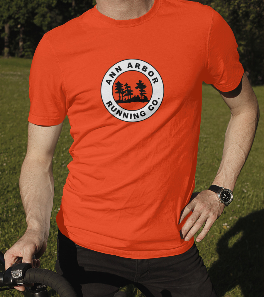 Ann Arbor Running Co Tree Silhouette Logo On Orange T-Shirt