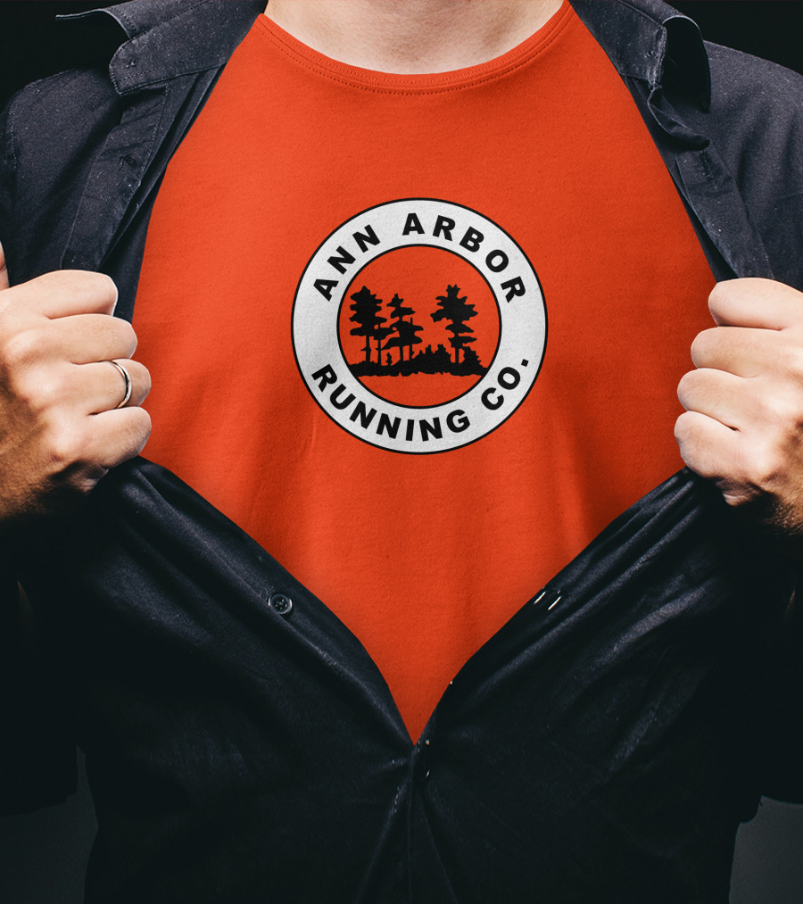 Ann Arbor Running Co Tree Silhouette Logo On Orange T-Shirt