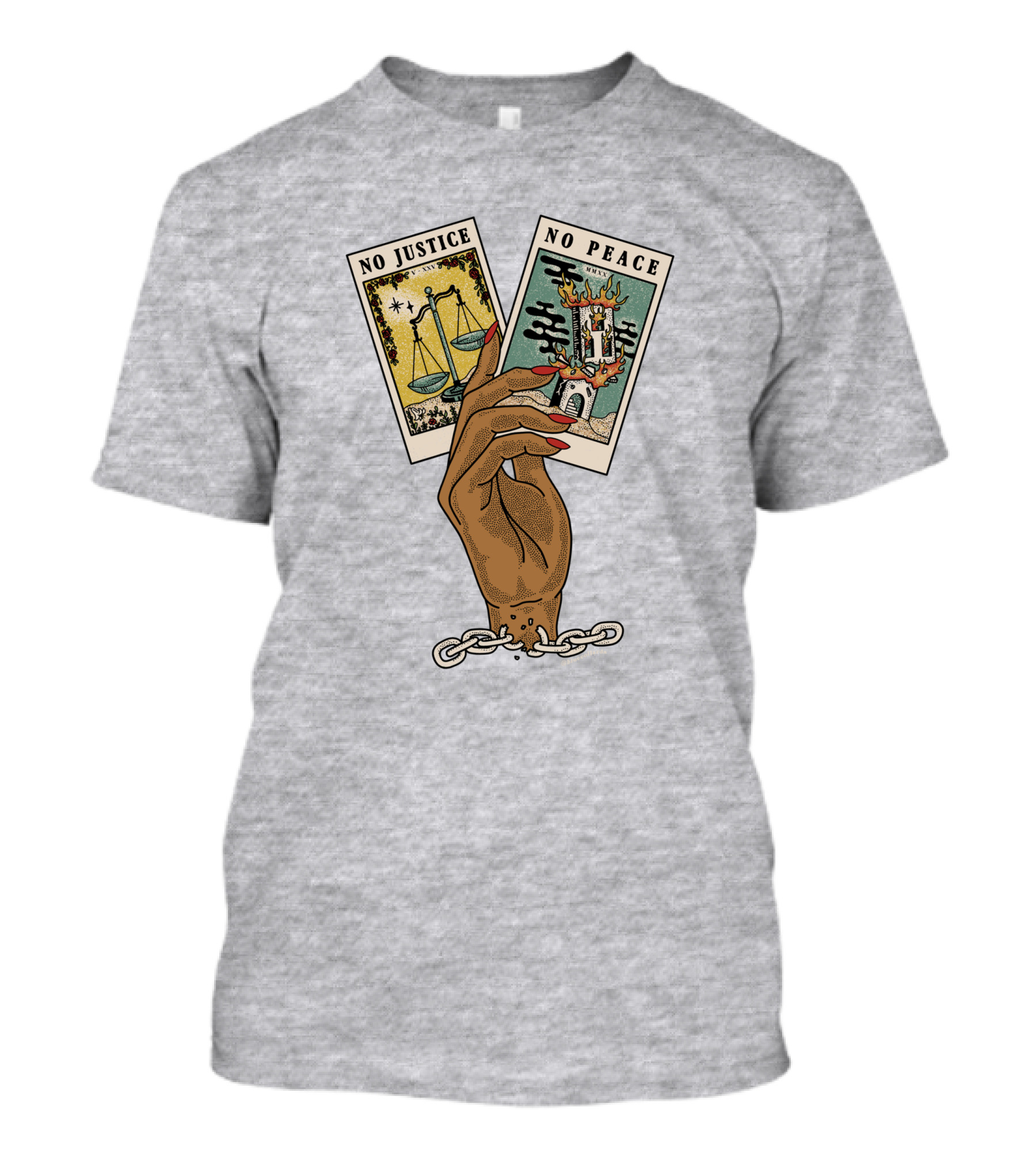No Justice No Peace BLM Tarot Card With Scales And Tower Imagery In Hand With Broken Chains T-Shirt