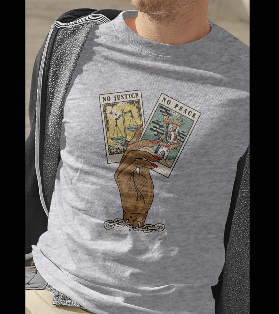 No Justice No Peace BLM Tarot Card With Scales And Tower Imagery In Hand With Broken Chains T-Shirt