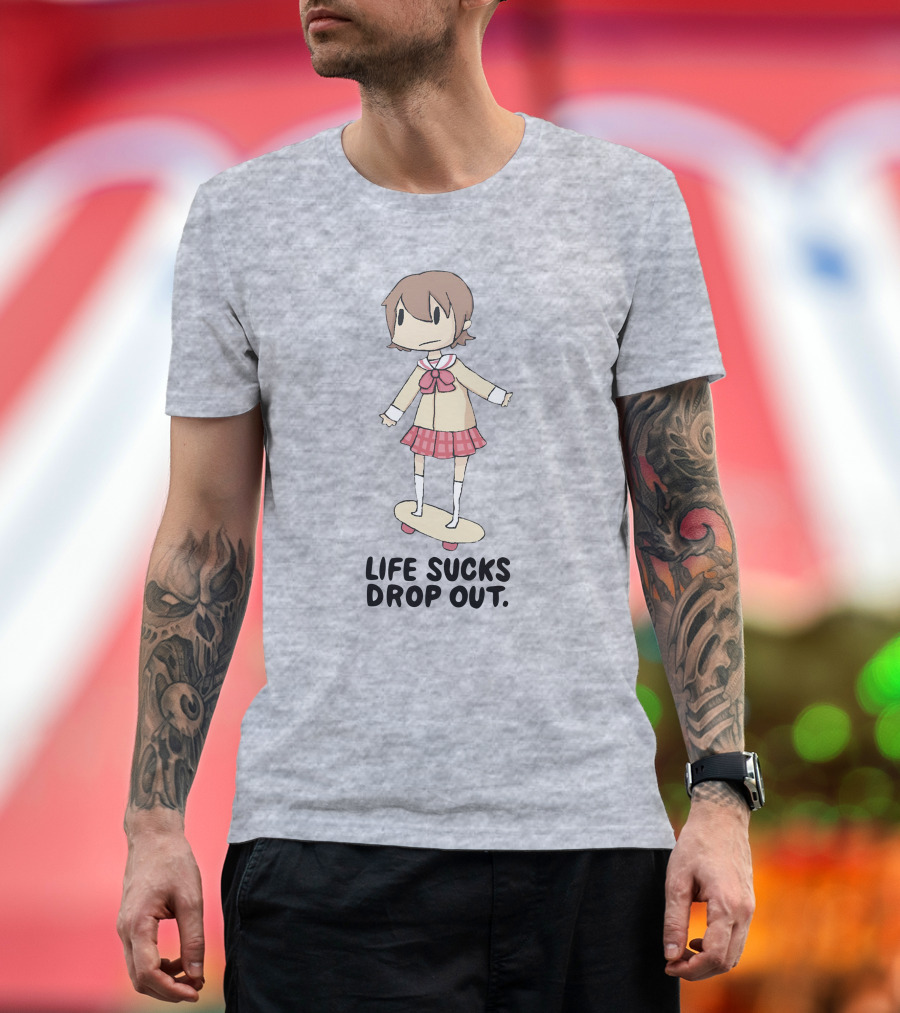 Life Sucks Drop Out Anime Style Character on Skateboard T-Shirt