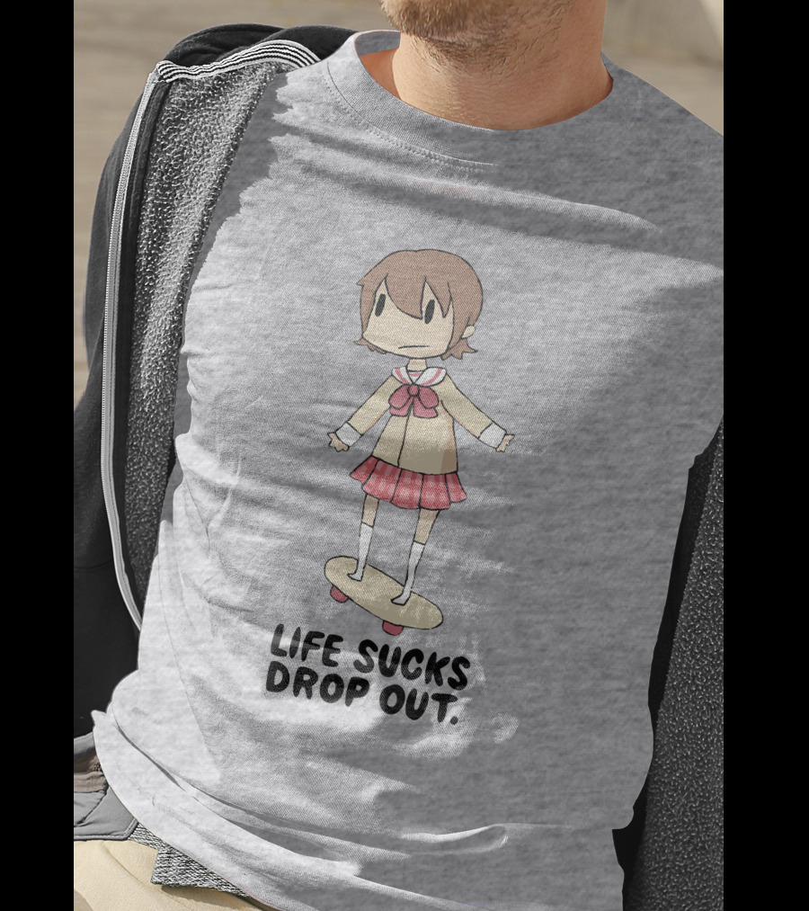 Life Sucks Drop Out Anime Style Character On Skateboard T-Shirt