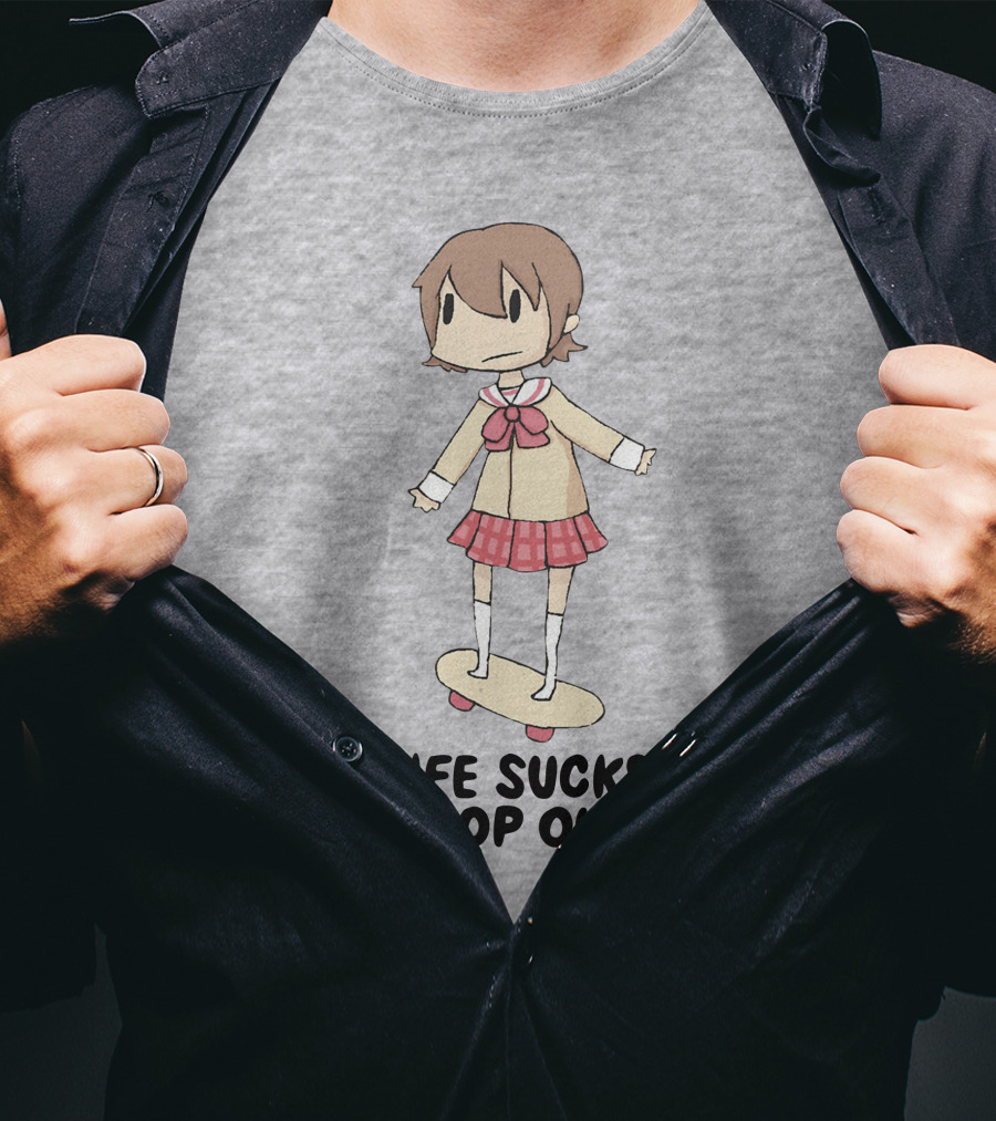 Life Sucks Drop Out Anime Style Character On Skateboard T-Shirt