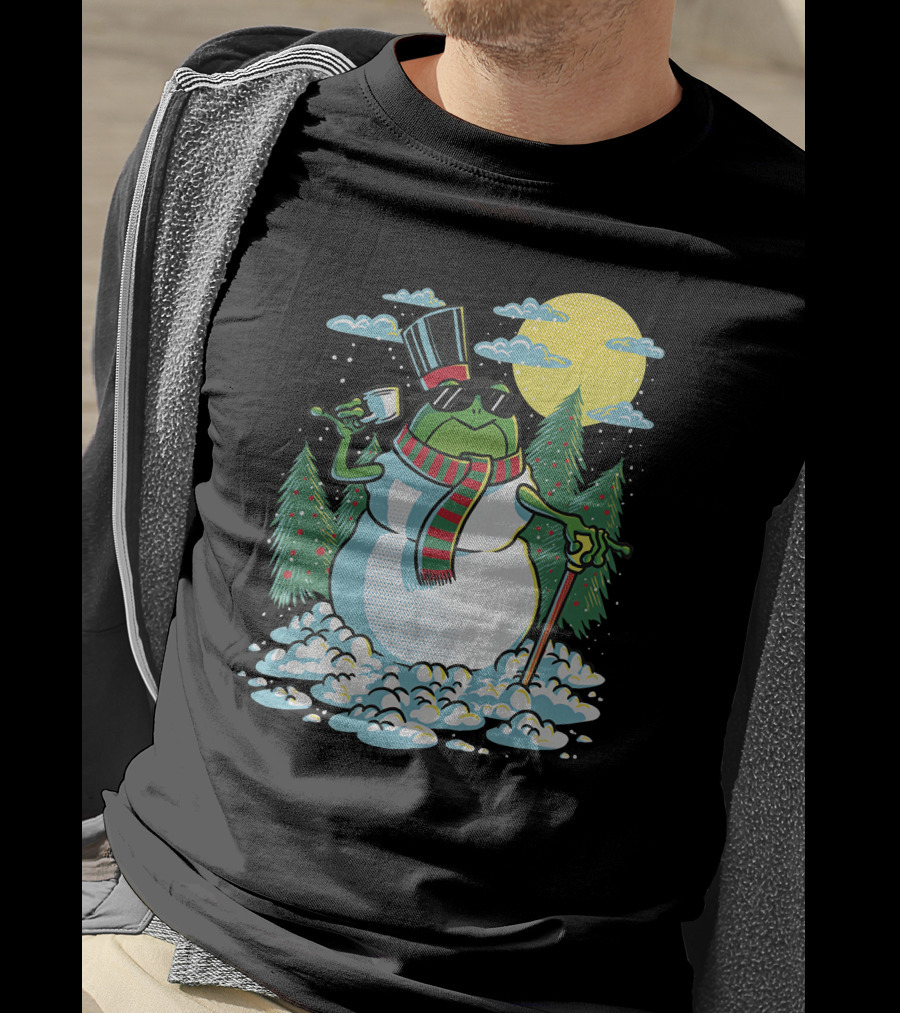 BoomerNA Merch BoomerNA Snowfrog Frog Snowman Christmas Tree Top Hat Cane T-Shirt