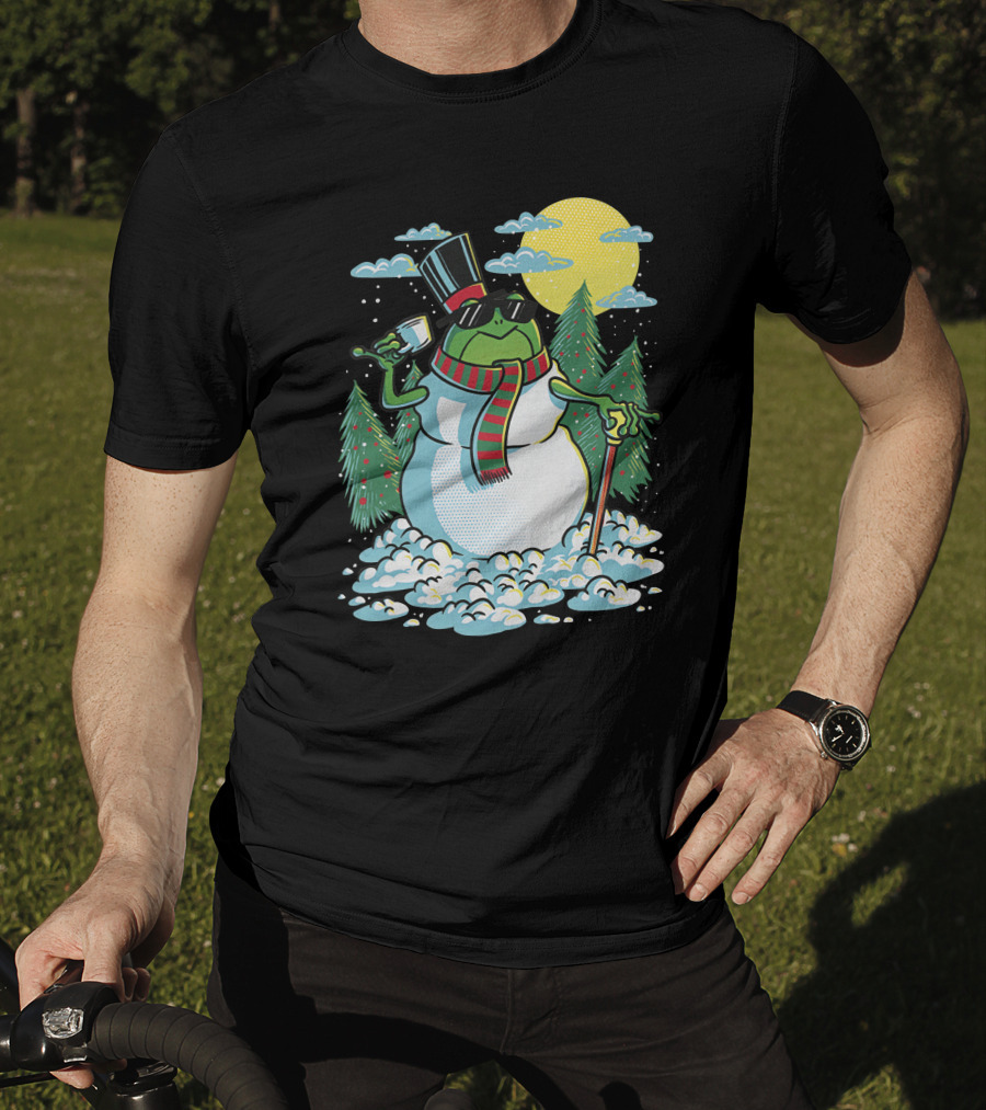 BoomerNA Merch BoomerNA Snowfrog Frog Snowman Christmas Tree Top Hat Cane T-Shirt