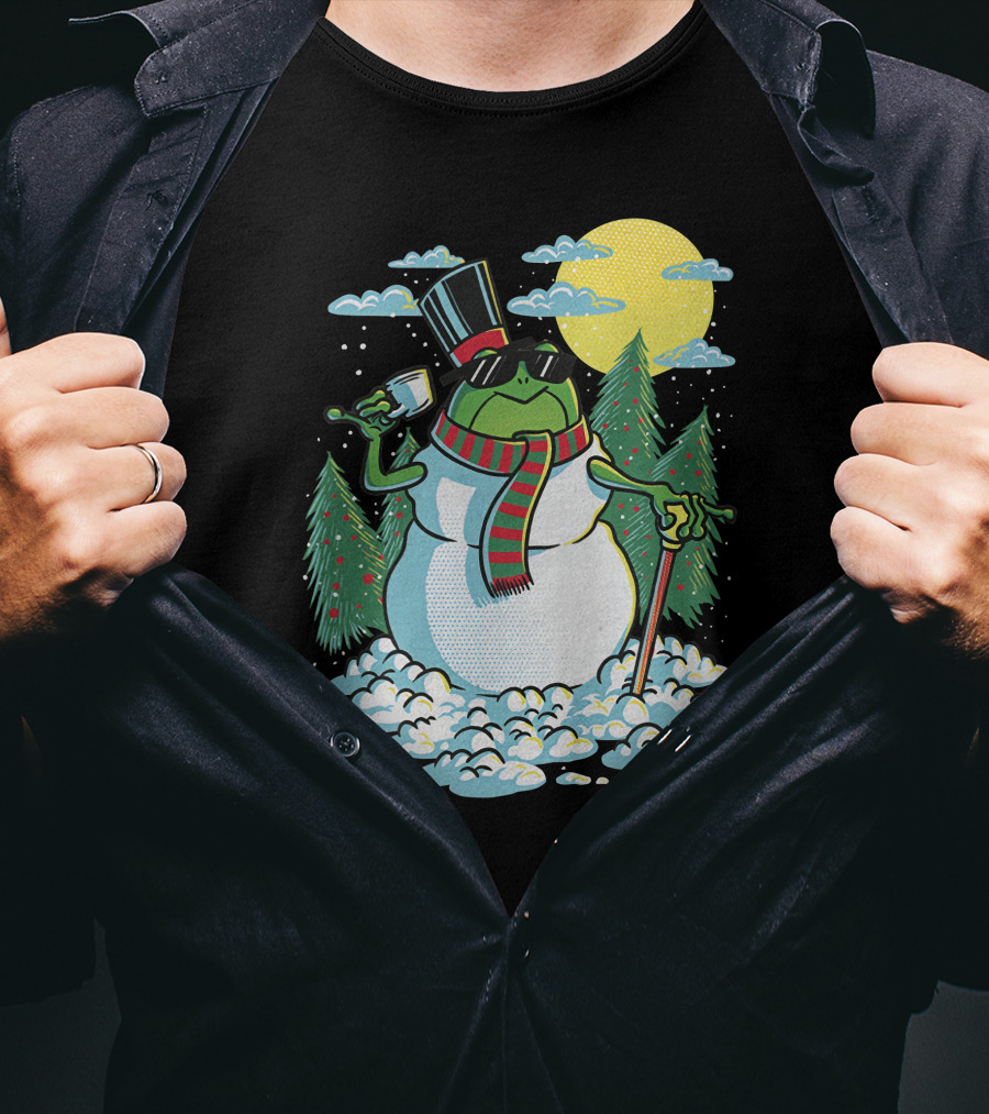 BoomerNA Merch BoomerNA Snowfrog Frog Snowman Christmas Tree Top Hat Cane T-Shirt