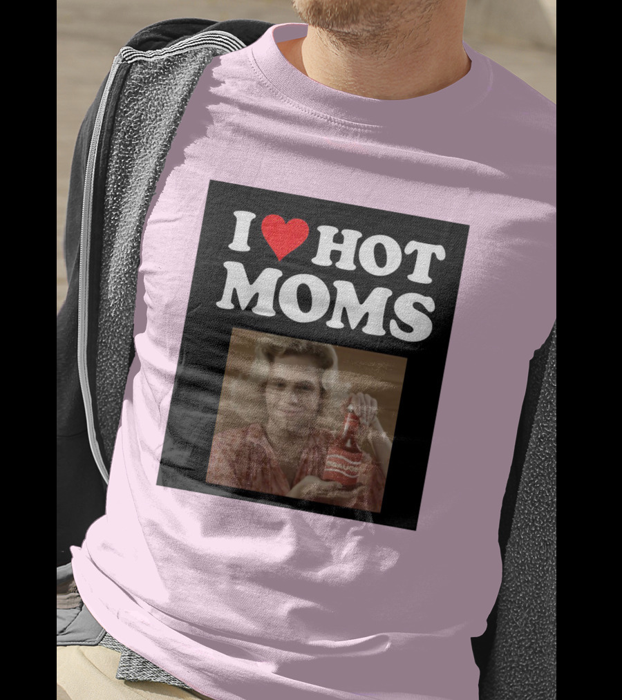 I Love Hot Moms Sauce Bottle Person Image Pink Background T-Shirt