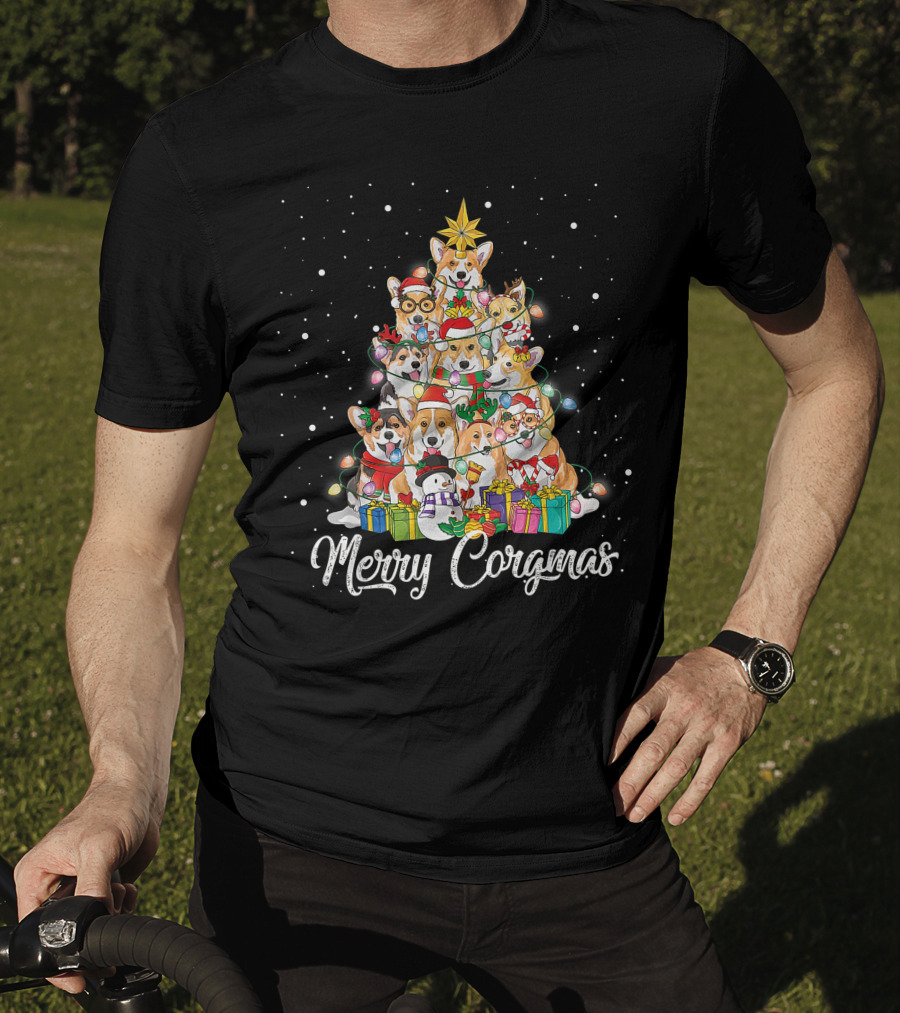 Merry Corgmas Corgi Christmas Tree Dog Gifts Snowman Star Lights T-Shirt