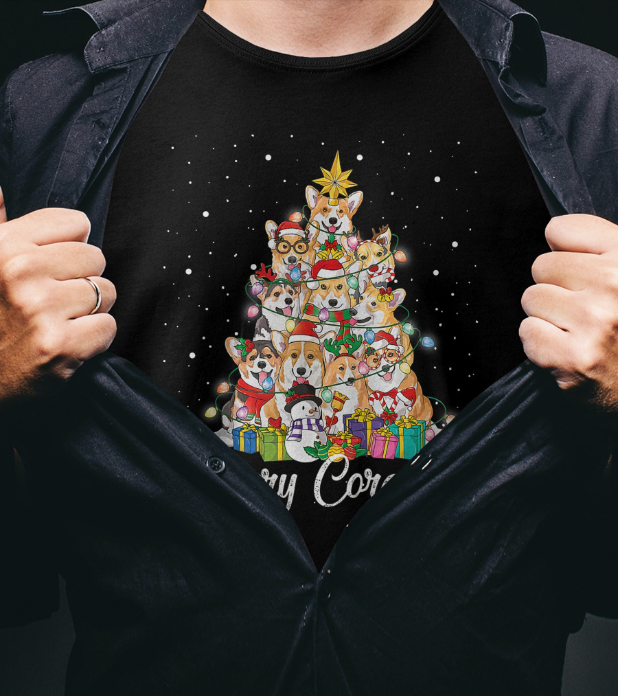 Merry Corgmas Corgi Christmas Tree Dog Gifts Snowman Star Lights T-Shirt