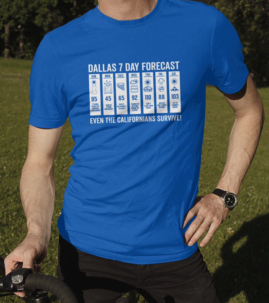 Dallas 7 Day Forecast Weather Parody Even The Californians Survive Bullzerk Merch T-Shirt