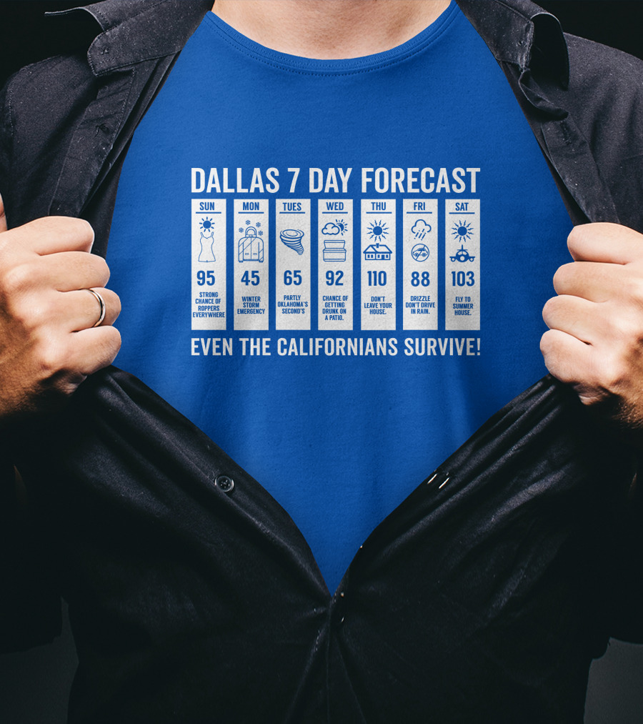 Dallas 7 Day Forecast Weather Parody Even The Californians Survive Bullzerk Merch T-Shirt
