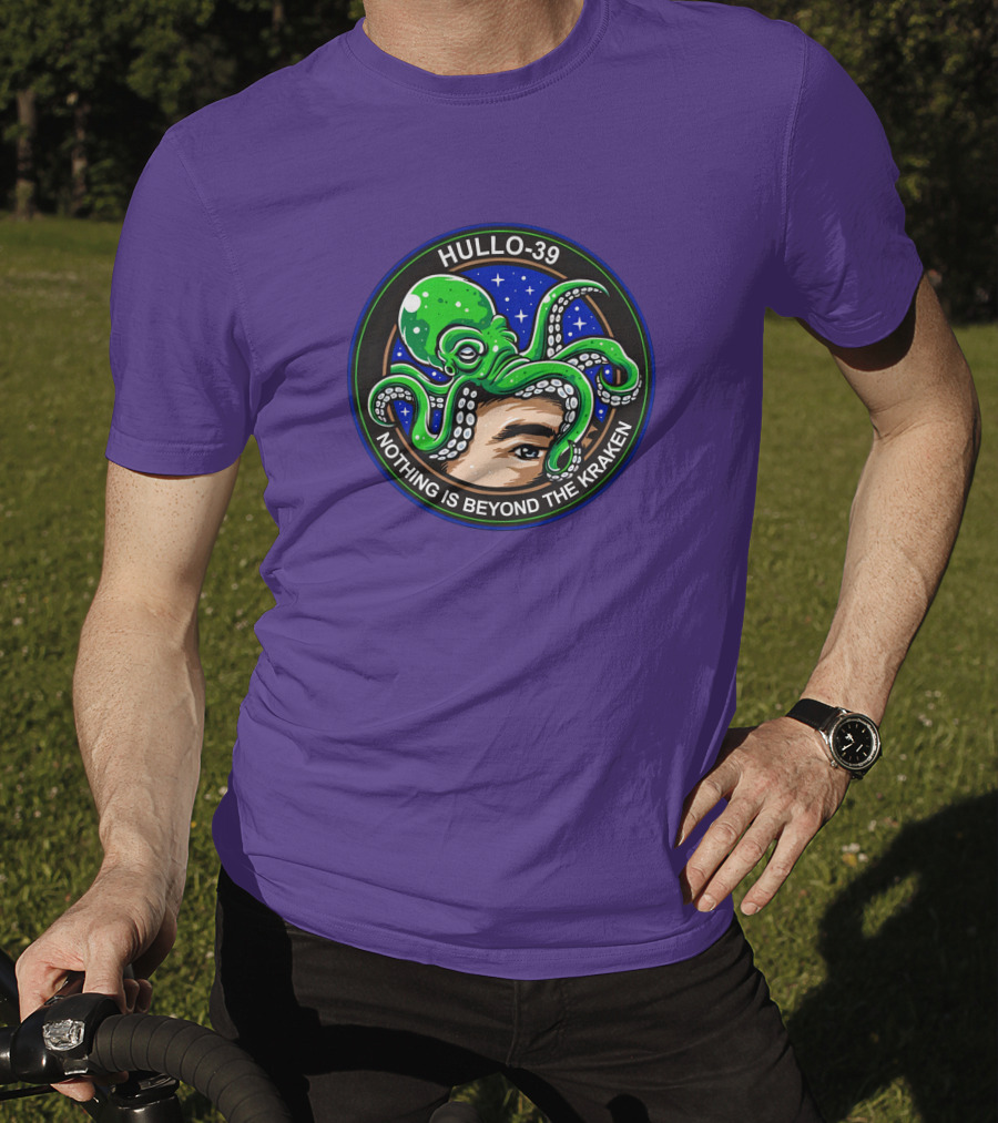 Hullo-39 Nothing Is Beyond The Kraken Green Octopus Starry Sky Badge T-Shirt