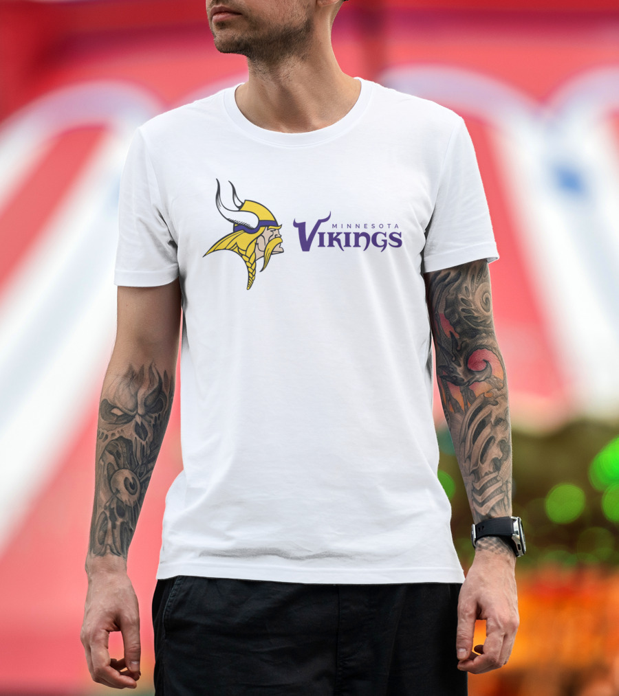 Minnesota Vikings Football Team Logo with Viking Helmet and Braided Beard T-Shirt