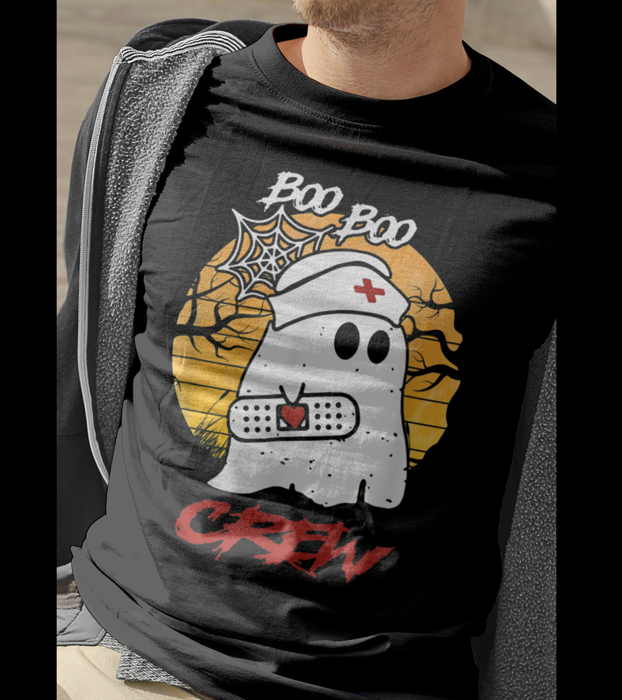 Boo Boo Nurse Ghost With Bandage And Spider Web Halloween Crew T-Shirt