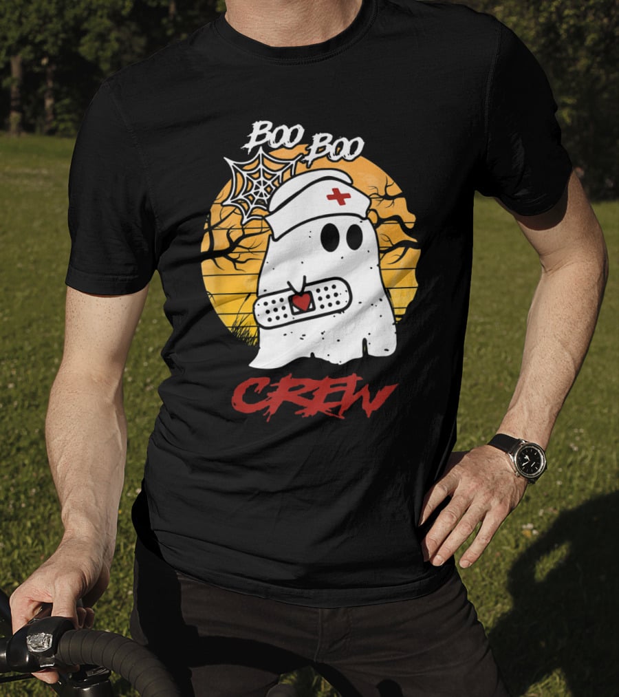 Boo Boo Nurse Ghost With Bandage And Spider Web Halloween Crew T-Shirt