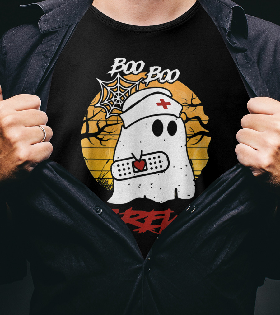Boo Boo Nurse Ghost With Bandage And Spider Web Halloween Crew T-Shirt