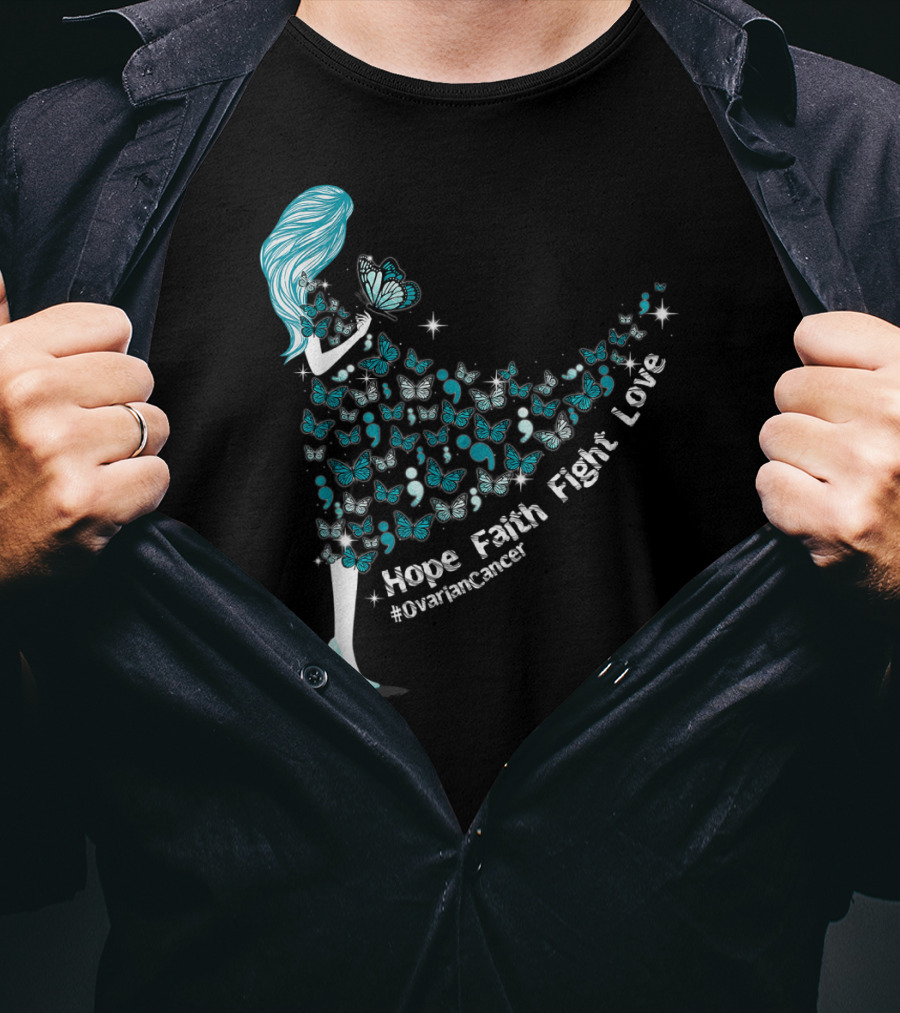 Hope Faith Fight Love Butterfly #OvarianCancer Support T-Shirt