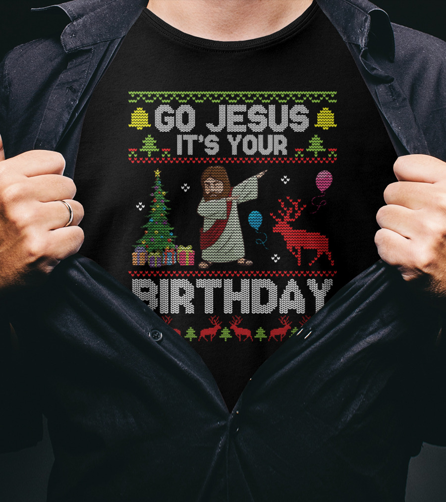 Go Jesus It's Your Birthday Dabbing Christmas Tree Reindeer Decor T-Shirt