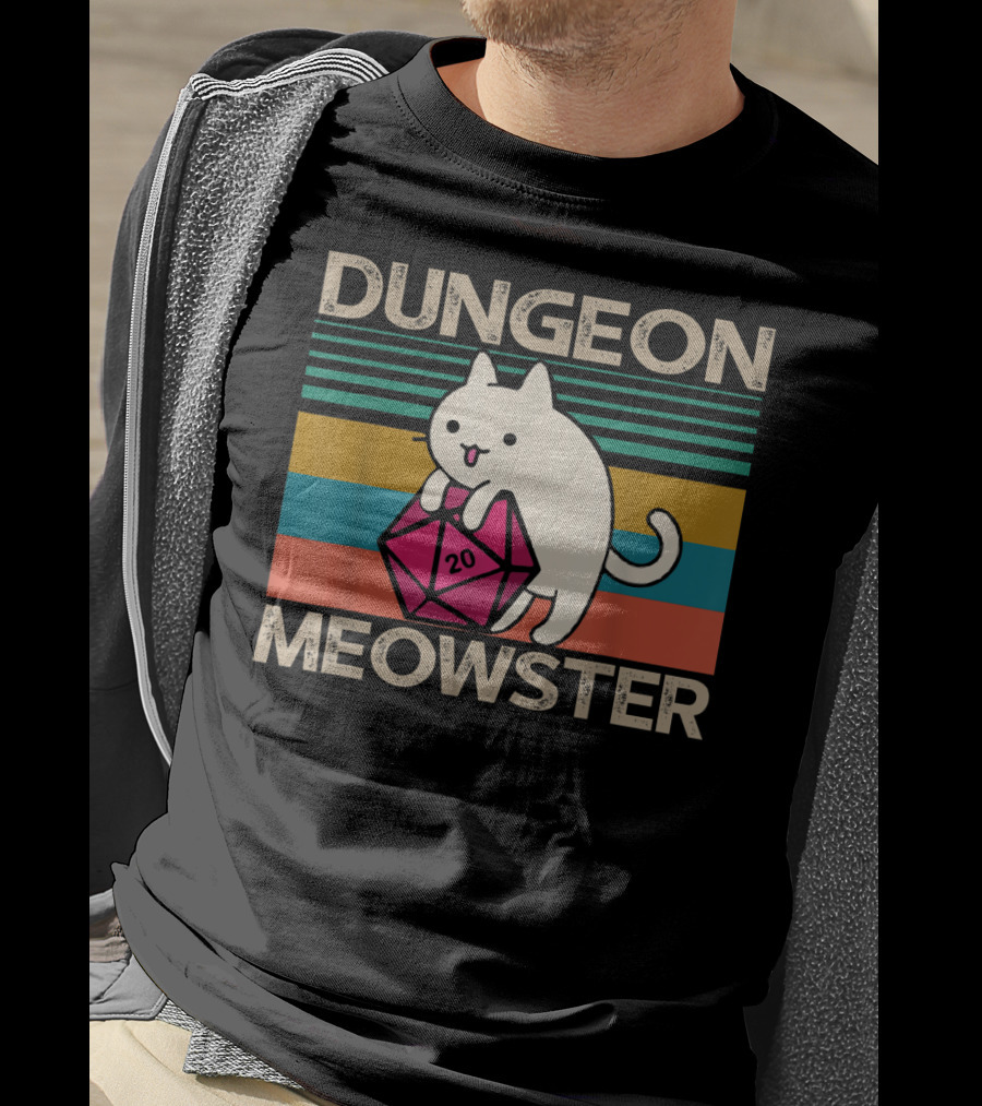 Dungeon Meowster Nerdy Gamer Cat D20 RPG Retro Stripes T-Shirt