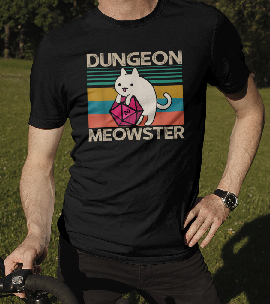 Dungeon Meowster Nerdy Gamer Cat D20 RPG Retro Stripes T-Shirt