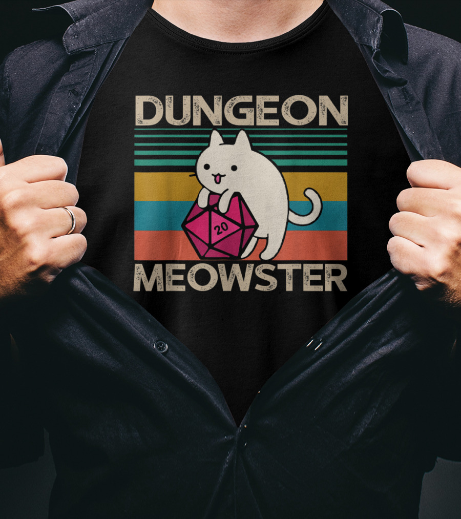 Dungeon Meowster Nerdy Gamer Cat D20 RPG Retro Stripes T-Shirt