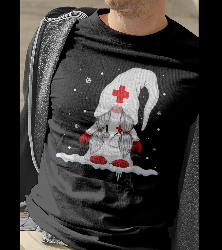 Gnome Nurse With Stethoscope And Red Cross Winter Scene T-Shirt