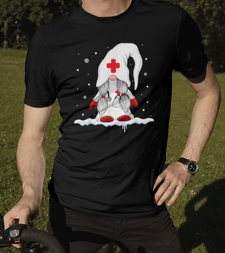 Gnome Nurse With Stethoscope And Red Cross Winter Scene T-Shirt