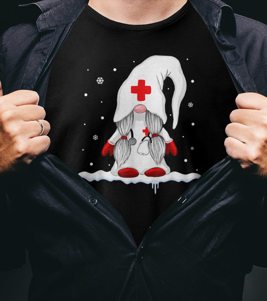 Gnome Nurse With Stethoscope And Red Cross Winter Scene T-Shirt