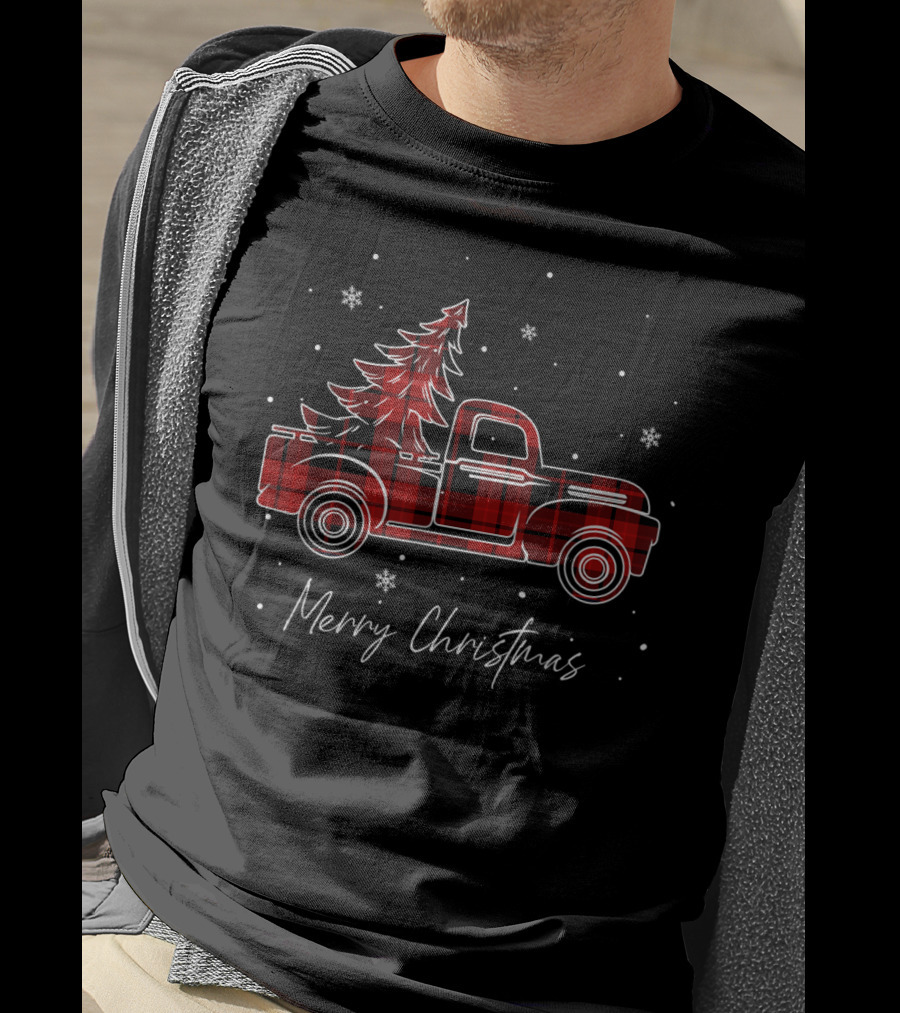 Merry Christmas Buffalo Plaid Red Truck Christmas Tree T-Shirt