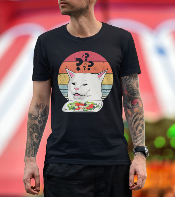 Premium T-Shirt: Cat Meme Confused Expression with Salad and Retro Color Stripes T-Shirt Cat Meme Confused Expression with Salad and Retro Color Stripes T-Shirt